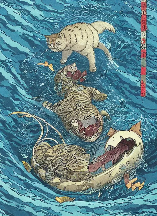 Prompt: illustration of one giant cat in the middle of the sea by miyazaki, hiroyuki kato, keisuke goto, highly detailed