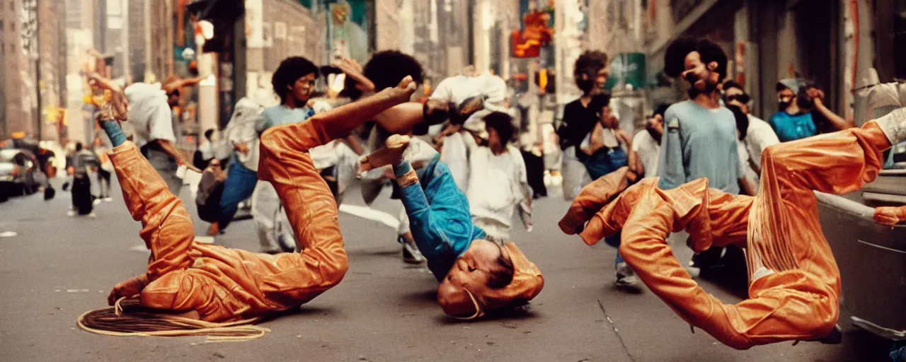 Image similar to !!! spaghetti, 1 9 8 0's breakdancing, nyc, canon 2 0 mm, wes anderson, kodachrome