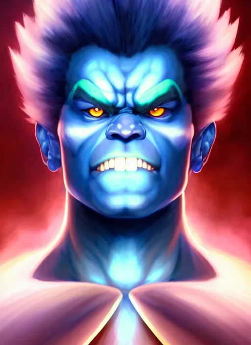 Image similar to symmetry!! portrait of blue akuma, street fighter, global illumination!! intricate, elegant, highly detailed, digital painting, artstation, concept art, smooth, sharp focus, illustration, art by artgerm and greg rutkowski and alphonse mucha