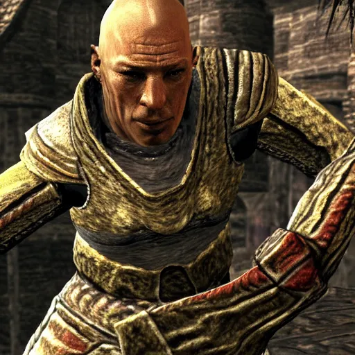 Image similar to attacking screenshot of george st. pierre in morrowind, imperial armor, pc graphics, npc talking, wilderness, 7 2 0 p, elder scrolls iii, detailed, dialog text