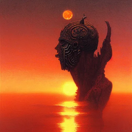 Image similar to painting of a sun god in golden ancient helios armor floating in the red sky, by beksinski, ruan jia, wayne barlowe, adrian smith fantasy art, dark soul art, trending on artstation