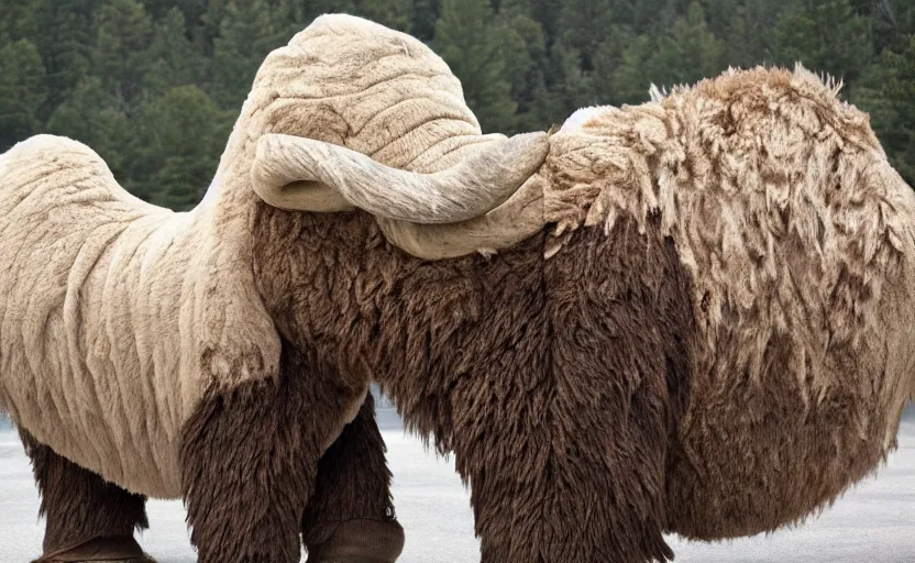 Image similar to Donald Trump in a baby mammoth costume , with an open face