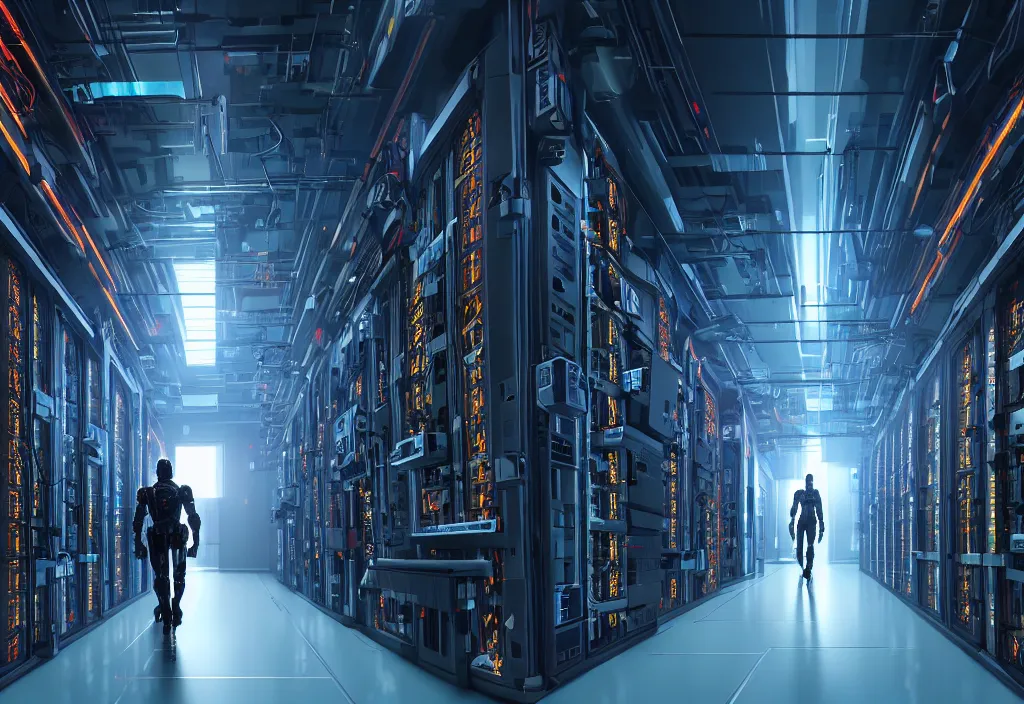 Image similar to shot of film cyborg walking in detailed server room in data center, character design, vivid color, complementary color, detailed, high quality, correct composision, correct perspective, trending on artstation, volumetric lighting, dramatic lighting by yoichi hatakenaka, cyberpunk art by asher brown durand