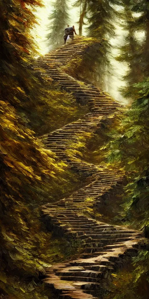 Image similar to a man walking up a steep and winding staircase, in beautiful woods, intricate, elegant, highly detailed, oil painting, artstation, concept art, sharp focus, beautiful illustration, society, by justin gerard and artgerm, 4 k