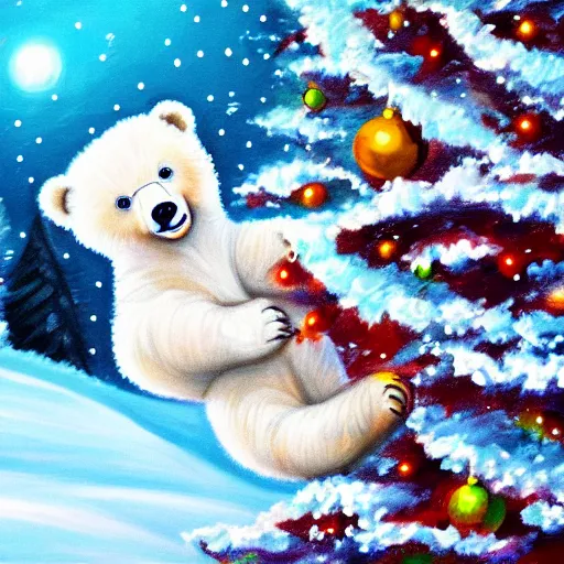 Image similar to cute fluffy happy baby polar bear cub playing in snowy christmas tree landscape detailed painting 4k