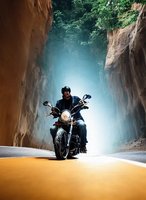 Image similar to a 2 8 mm macro photo of a man riding on a motorcycle through a canyon made of oversized arcade cabinets, splash art, movie still, bokeh, canon 5 0 mm, cinematic lighting, dramatic, film, photography, golden hour, depth of field, award - winning, anamorphic lens flare, 8 k, hyper detailed, 3 5 mm film grain