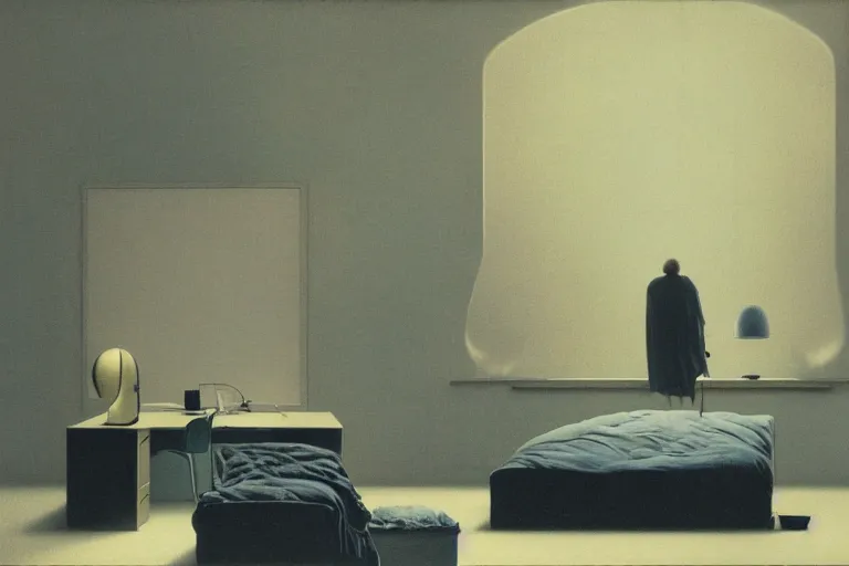 Prompt: IKEA catalogue photo, ghostly teenager bedroom, screens, TVs, monitors, robots, by Beksiński