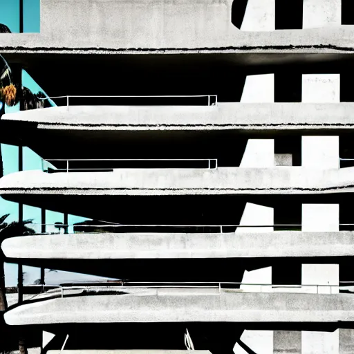 Prompt: noisy color photograph of a concrete underground retrofuturist liminal space, staggered terraces, centered palm tree growing out of concrete, deformations, minimalist, concrete sky, cinematic, soft vintage glow