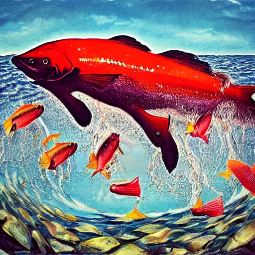 Prompt: salmon jumping out of the water on a sunny day in surrealism style