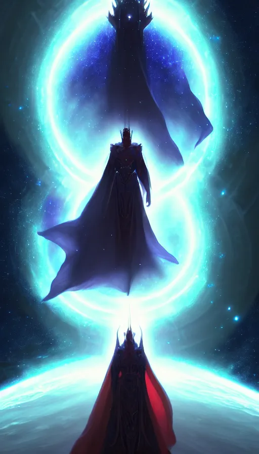 Image similar to celestial god with a cape, epic scene, holy, full body, galaxy, and, stars, atmosphere, unreal engine, pixar, video game, ethereal, insanely, detailed, volumetric, symmetrical, concept art, charlie bowater, tsutomu nihei, unreal engine, artstation, cinematic, video game, digital painting, artist maena