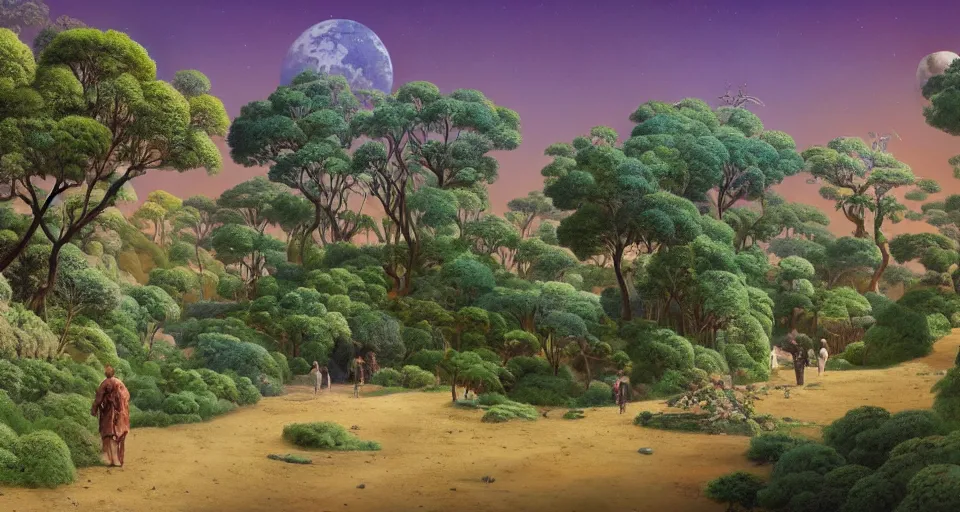 Prompt: a landscape on the moon with many craters, people walk along the paths, a beautiful flowering garden, birds, a lot of exotic vegetations and trees, intricate detaild, dim muted colors, 8 k, in the style of martin johnson heade and roger dean