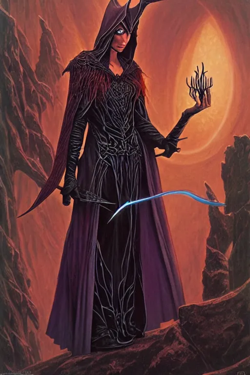 Prompt: a female elven wizard, grimdark fantasy by Gerald Brom