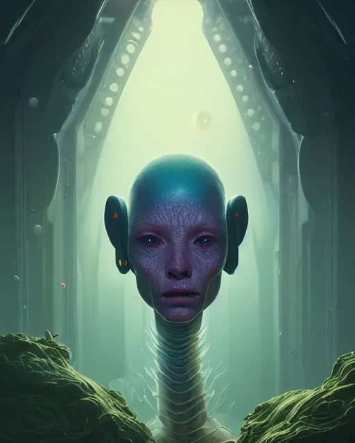 Image similar to highly detailed surreal vfx portrait of a sacred alien lifeform, stephen bliss, unreal engine, greg rutkowski, loish, rhads, beeple, makoto shinkai and lois van baarle, ilya kuvshinov, rossdraws, tom bagshaw, alphonse mucha, global illumination, detailed and intricate environment