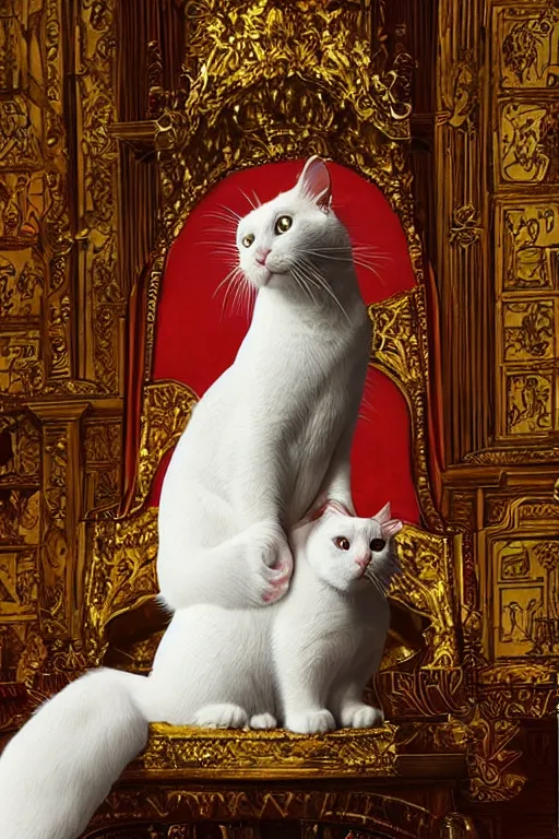 Image similar to “White cat is sitting on a throne in the royal palace in front of a crowd of worshipping humans. Retro colors. Detailed. Cinematic lighting. Artstation”