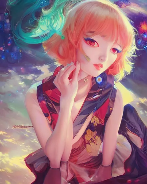 Image similar to A very beautiful painting of megpoid Gumi by rossdraws, wlop, artgerm, Gil Elvgren, Ilya kuvshinov