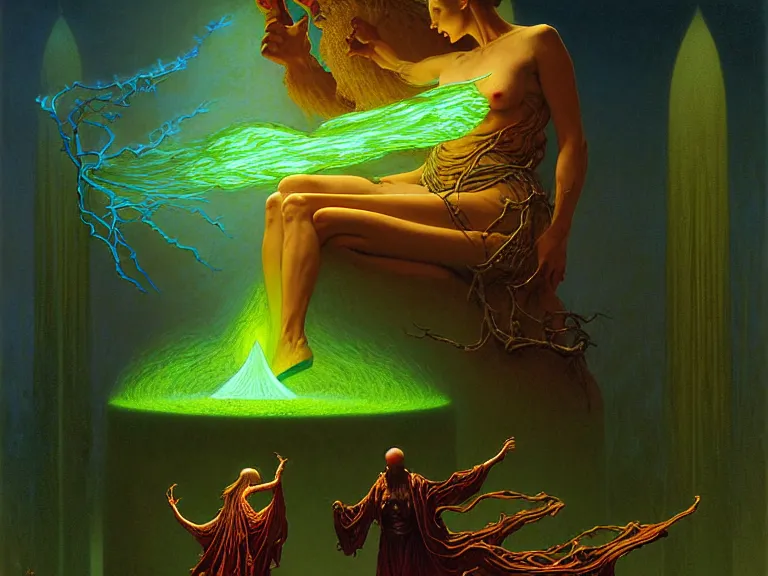 Prompt: the female arcanist and the male artificer by albert bierstadt and gerald brom and zdzisław beksinski and james gilleard and wayne barlowe and marc simonetti, highly detailed, hyperrealistic, intricate, floating metallic objects, energy, electricity, blue flames, low light, glowing green crystals, high contrast