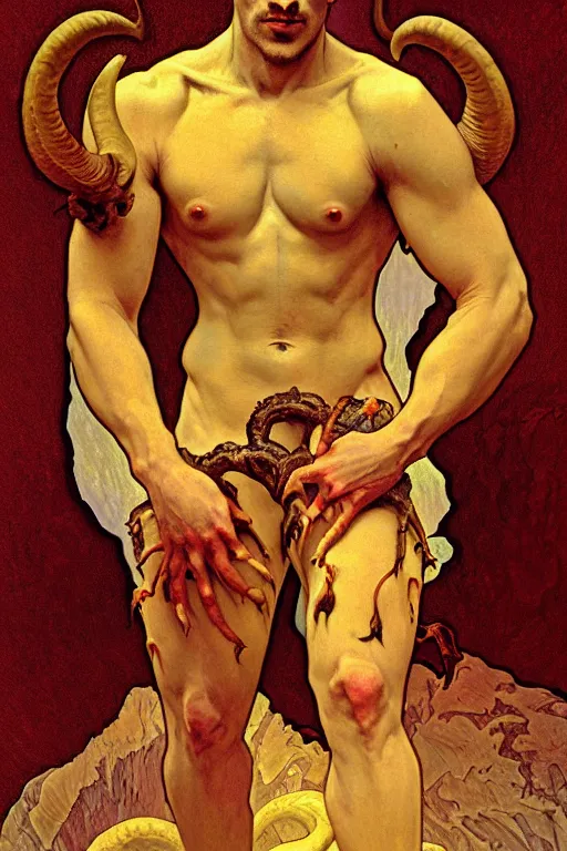 Image similar to portrait of a beautiful young fit male demon with ram horns, scaly torso and goat legs, hellish scene, by greg rutkowski and alphonse mucha, d & d character, gradient red to yellow, in front of an hellish landscape background, highly detailed portrait, digital painting, artstation, concept art, smooth, sharp focus ilustration, artstation hq