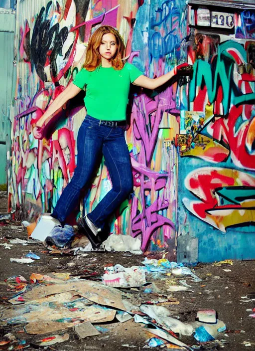 Prompt: Whole body and face wide shot of buffy the vampire slayer in an abandoned trailer park, graffiti, trash, polaroid clear, colorful image