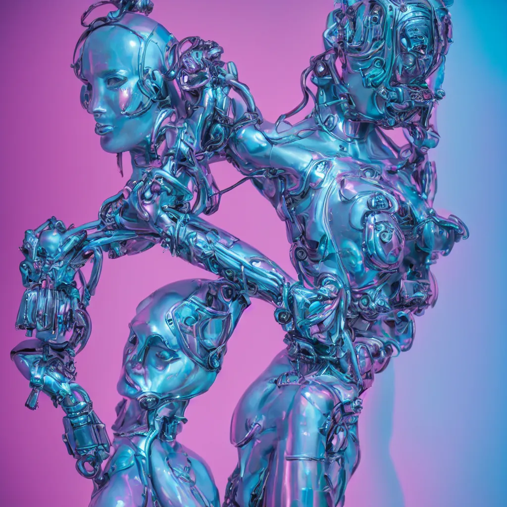 Image similar to high quality photo of rococo cyborg woman with pearlescent blue skin key sage wayne barlowe very soft pink neon lighting on one side wide angle 35mm shallow depth of field 8k