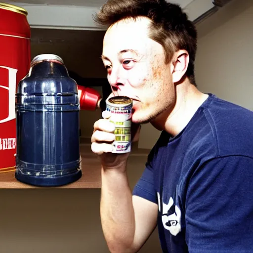 Prompt: elon musk sniffing fumes from a gas can, candid photo, college dorm room