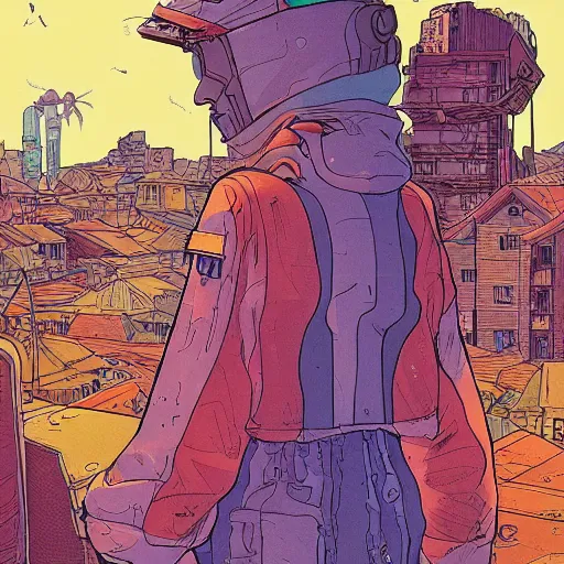 Image similar to an illustrated portrait of a person living is a small slum town on an alien world. science fiction art. colourful junk. moebius. very clean illustration