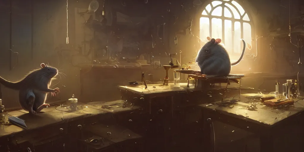 Image similar to rat sitting on a desk in a laboratory with lots of flasks filled with magic liquids and poisonous fog, stephen bliss, unreal engine, fantasy art by greg rutkowski, loish, rhads, ferdinand knab, ilya kuvshinov, rossdraws, tom bagshaw, global illumination, radiant soft light, detailed and intricate environment