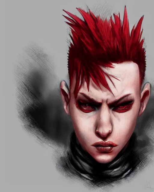 Image similar to young man with a short red dyed mohawk, red eyes and a slim face, gauged ears, dressed in crustpunk clothing, headshot, attractive, handsome, in color, no makeup, model, trending on artstation, high quality art, character design, realism