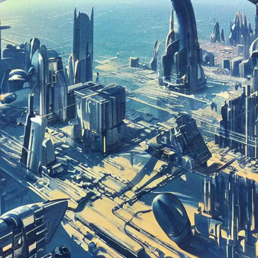 Image similar to aerial view of a science-fiction cityscape, cinematic angle, cinematic lighting, blue sky, sun in the sky, by Syd Mead, John Harris, Federico Pelat