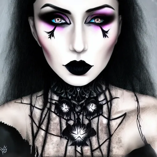 Image similar to a gothic female, wearing black lipstick, digital art, intricate drawing, extremely detailed face, beautiful face, beautiful aesthetic face, 8 k resolution, realistic fantasy