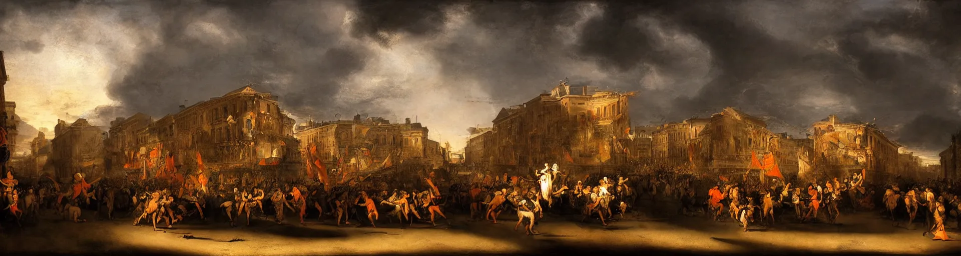 Prompt: lively carnival crowds along via del Corso with warm backlight, full body profiles, holding a rose. background: whirlpool of clouds forming a ring. sunset light. 1824. apocalyptic. low angle. rembrandt style, by Hjalmar Moerner