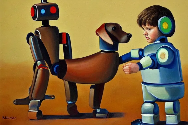 Image similar to a detailed painting of a ( ( ( ( ( boy and his robot dog ) ) ) ) ) by maurice sednak!!!!!!!!!!!!!!