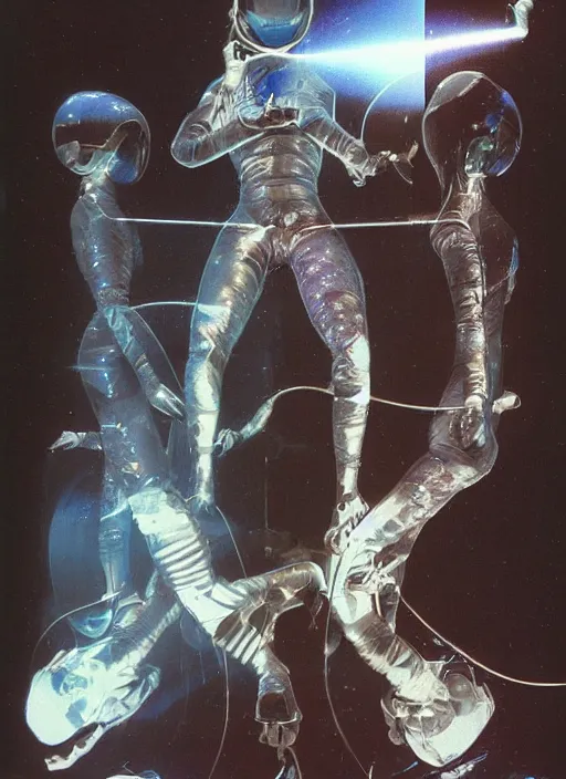 Prompt: astronauts in the abstract underwater room - complex and hyperdetailed transparent suit. reflection and dispersion materials. rays and dispersion of light. volumetric light. f / 3 2. noise film photo. flash photography. ultra realistic, wide angle. holographic and anaglyph materials, poster by wayne barlowe, mike winkelmann, wayne barlowe, craig mullins