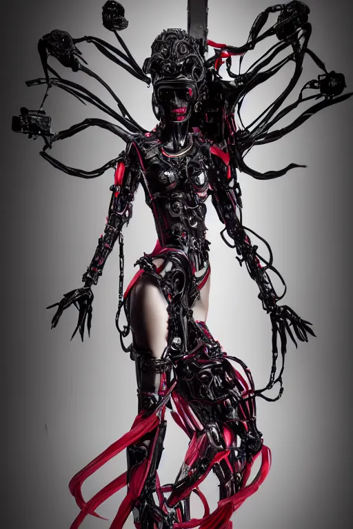 Image similar to full-body cyberpunk style sculpture of a young beautiful dark priestess, half android with a head opening exposing circuitry, glowing red eyes, black roses, flowing blood-red colored silk, fabric, candles, baroque elements. human skull. full-length view. baroque element, intricate artwork by Caravaggio. crows flying in background. Trending on artstation. octane render, cinematic lighting from the right, hyper realism, octane render, 8k, depth of field, 3D