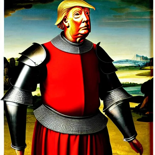 Prompt: full - body - front - shot, donald trump wearing knight'armor, crown, renaissance painting of a knight, detailed face