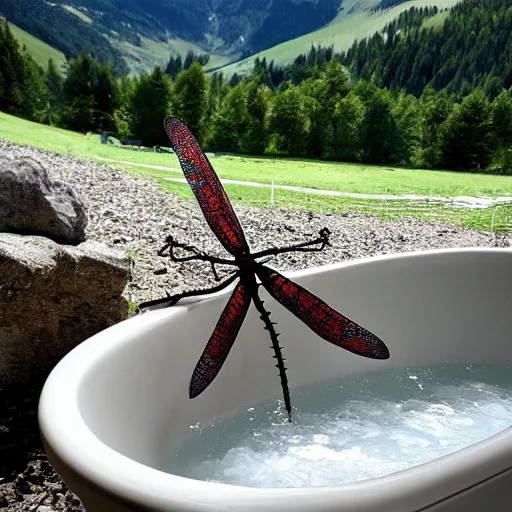 Prompt: dragonfly in a bathtub in the alps, big goat!!!!!!! goats!!!! in the background