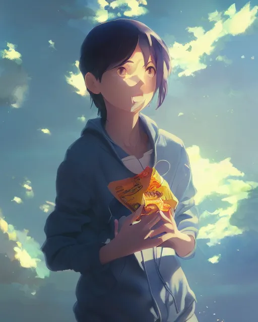 Prompt: a girl wearing a potato chip bag over her head, full shot, atmospheric lighting, by makoto shinkai, stanley artgerm lau, wlop, rossdraws