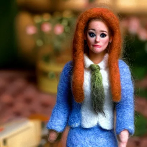 Image similar to needle felted alicia silverstone as cher from the movie clueless (1995), highly detailed, tilt shift, eerie, hyperrealism, highly textured, god rays