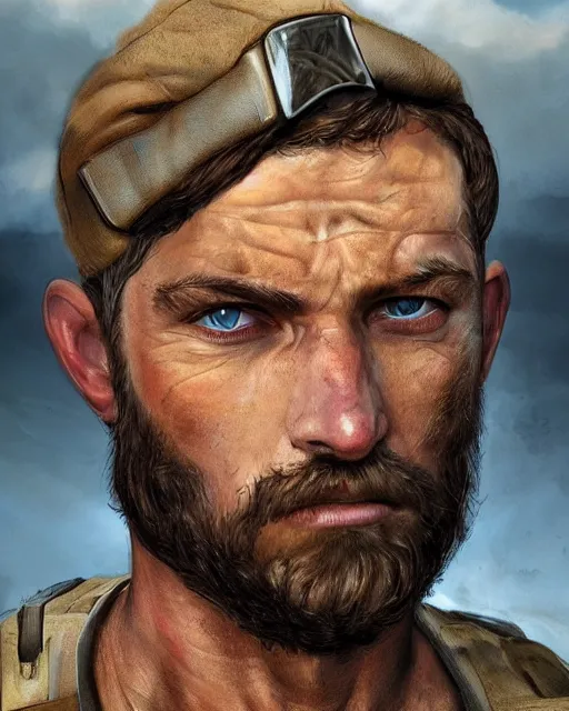 Image similar to portrait of muscular, tired and alcoholic 3 0 - year - old handsome man with short darkblonde hair, serious sad look in his eyes, dirty beard, blue eyes, wearing dirty soldier uniform, on the desert, hyper realistic face, beautiful eyes, character art, art by mark brooks, hyperdetailed, cryengine, trending on artstation, digital art