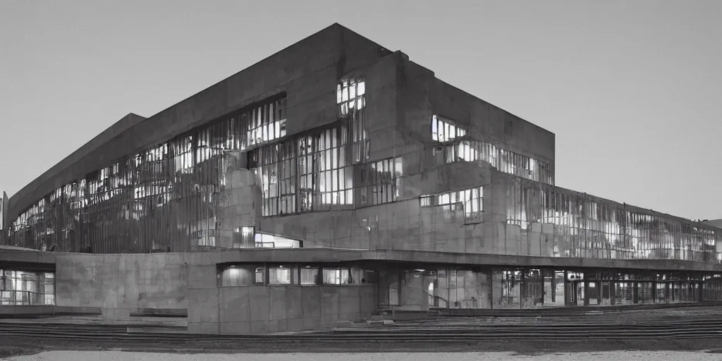 Image similar to wide angle photo of futurist building made from concrete relief with nickel chrome copper and gold trim inlay. inspired by a fast 1 9 2 0 locomotive. industrial revolution. late evening with reflective pool and glowing lights. bella hadid. highly reflective and shiny. frank loyde wright