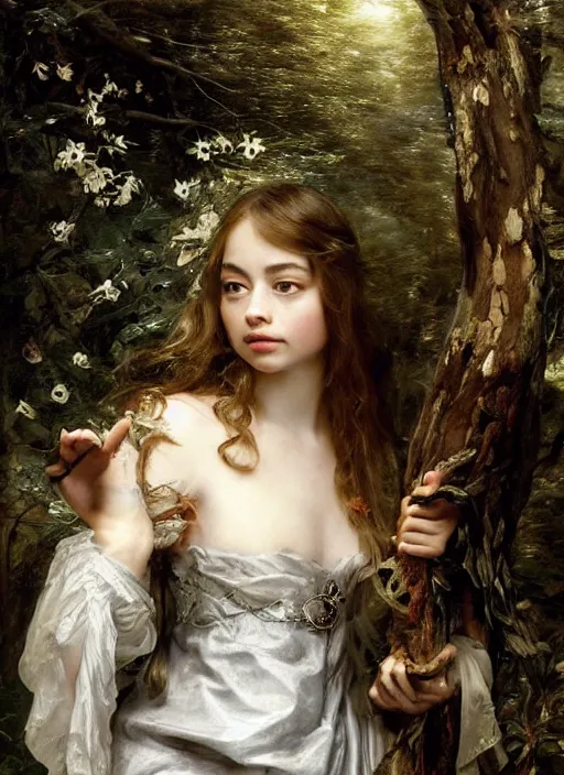 Image similar to Beautiful fairy teenager, Looks like Kristin Kreuk, In the woods, Dramatic, Edge, Good, Infused, Backlight, De-Noise, VFX, insanely detailed and intricate, hypermaximalist, elegant, ornate, hyper realistic, super detailed, by Anthony Van Dyck, by Ivan Shishkin, by John Constable