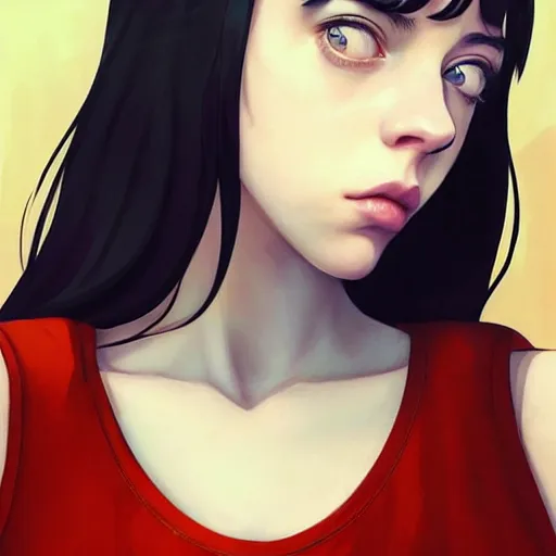 Image similar to a beautiful billie eilish christina hendricks alluring instagram model in latex tank top, by guweiz and wlop and ilya kuvshinov and artgerm and makoto shinkai and studio ghibli, symmetrical eyes, aesthetic, gorgeous, stunning, alluring, attractive, artstation, deviantart, pinterest, digital art