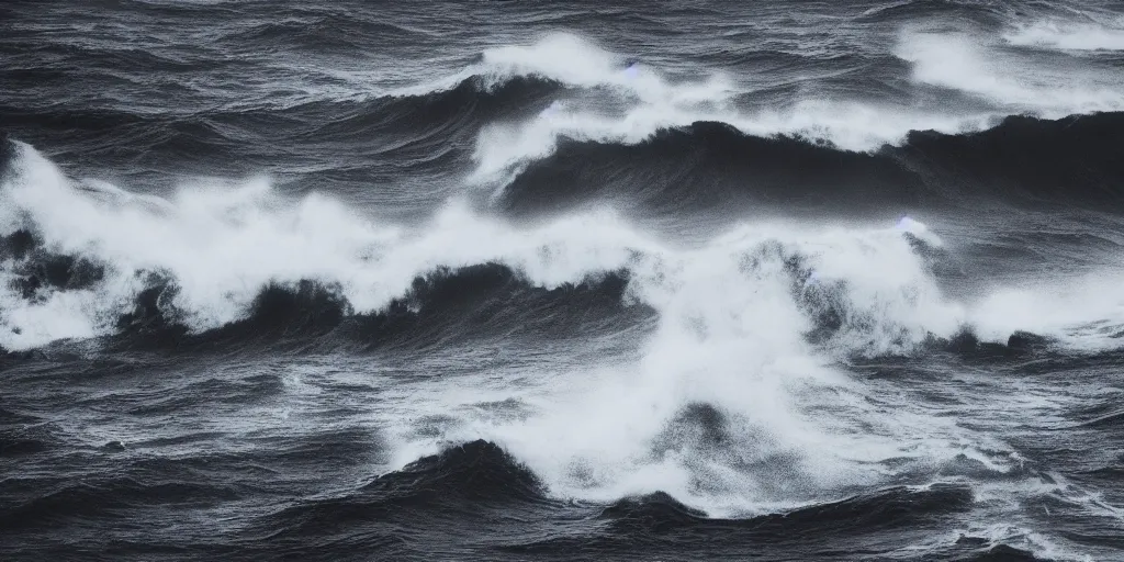 Image similar to dark ocean, towering waves, black, grey - scale, highly turbulent, deep focus, no sky, elevation view, hidden hands and faces