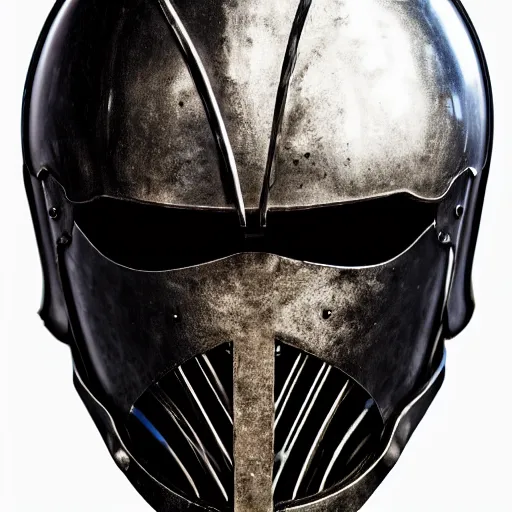 Image similar to portrait of a knight in armor, studio lighting, dark background, open helmet with face visible, photorealistic style