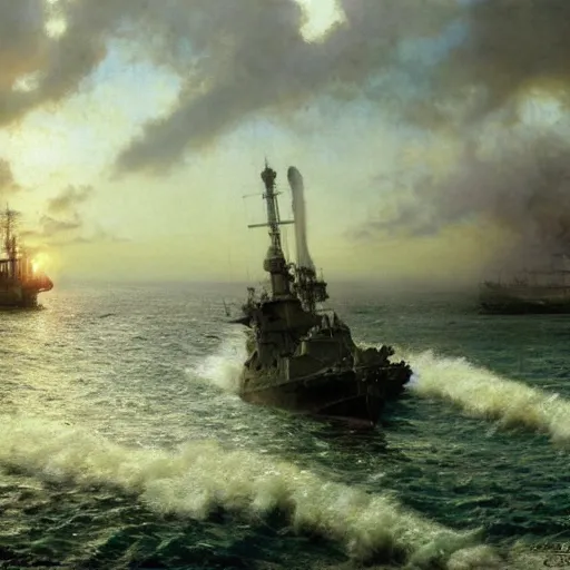 Prompt: detailed cinematic wide shot of swedish sea captain back view seeing his world war 2 battle ship attacking denmark, ultra realistic, spring light, painting by gaston bussiere, craig mullins, j. c. leyendecker