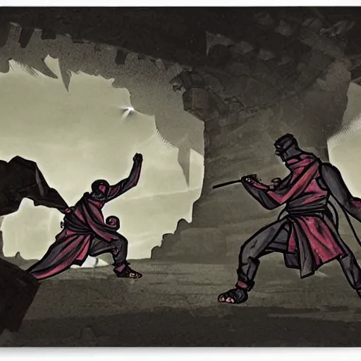 Image similar to a dward ninja heroes facing an ancient temple, illustrated by trent kaniuga