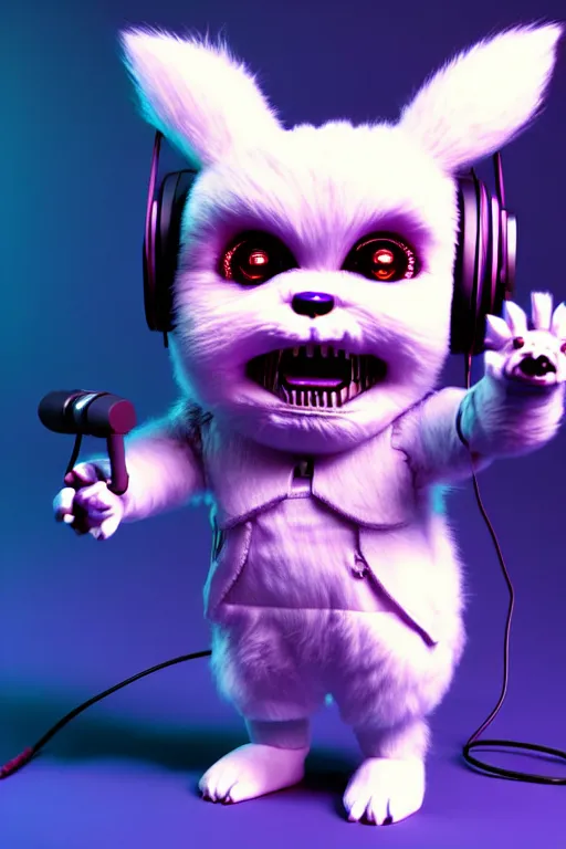 Image similar to high quality 3 d render neo - cyberpunk very cute fluffy! screaming chucky doll!! cyborg with headphones, mechanical paw, highly detailed, unreal engine cinematic smooth, in the style of detective pikachu, hannah yata charlie immer, neon purple light, low angle, uhd 8 k, sharp focus
