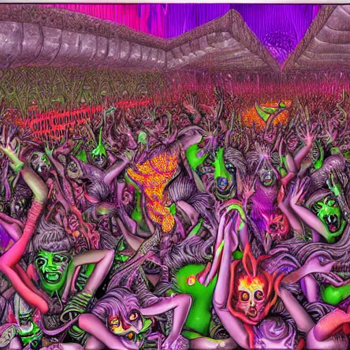 Image similar to digital painting of demons in rave party in hell by Chor Boogie, intricate details, ultra detailed, 4K, award-winning, touch of M. C. Escher