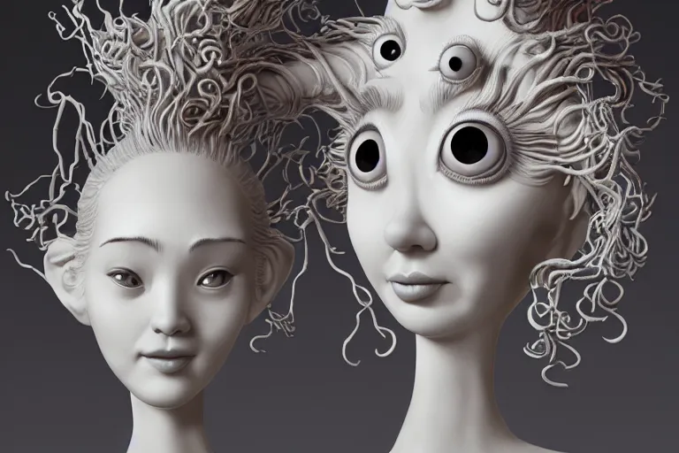 Image similar to 3 d full head and shoulders beautiful white porcelain woman with big eyeballs all through her hair, ornate detailed hair, 3 d swirling hair by theodor seuss geisel and daniel arsham and xiang duan, simon stalenhag john waters, dr seuss kim jung gi, on a white background