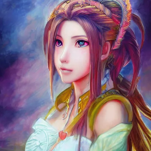 Image similar to dreamy colorful portrait drawing of aerith gainsborough from from final fantasy 7 with the steam punk city midgard as backdrop, by master artist yoshitaka amano trending on artstation