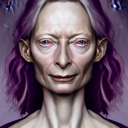 Prompt: tilda swinton, scary, pale - skinned, illustration, cinematic lighting, 8 k, d & d, frostbite 3 engine, artstation, intricate, digital art, crepuscular ray, art by anne stokes